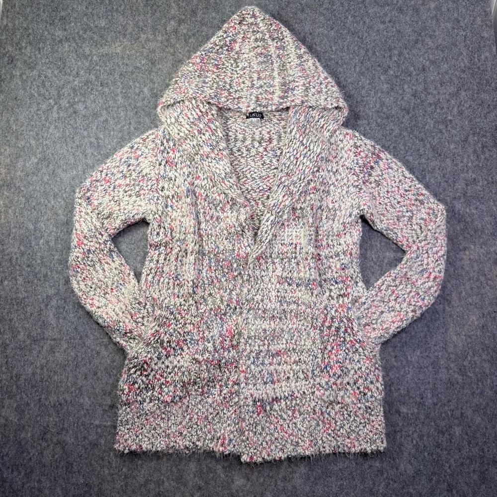 Venus Hooded Cardigan Women Sz L Multicolor Long Sleeve Open Chunky Knit Sweater